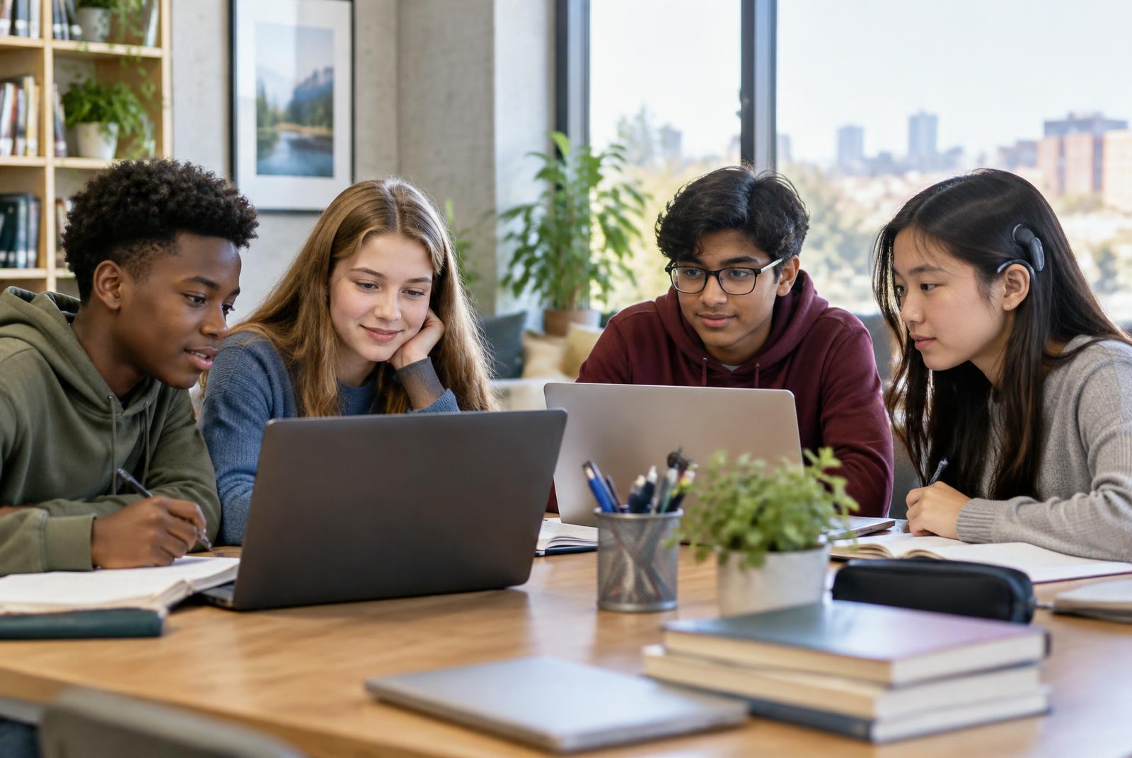 A group of students learning together with laptops and notebooks