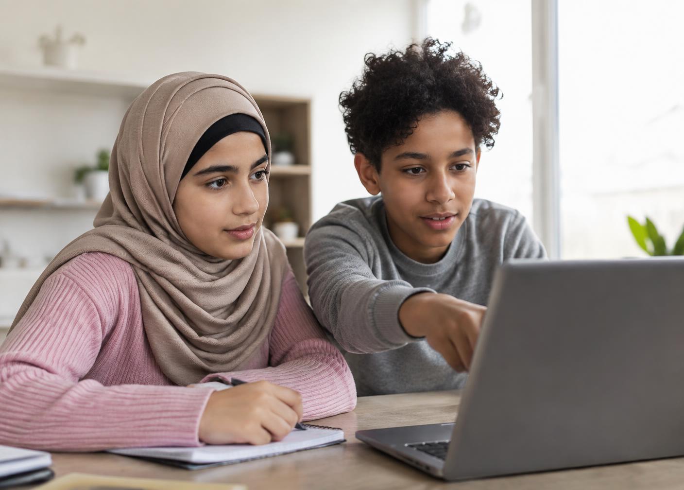Two middle school students working together on an online lesson on a laptop