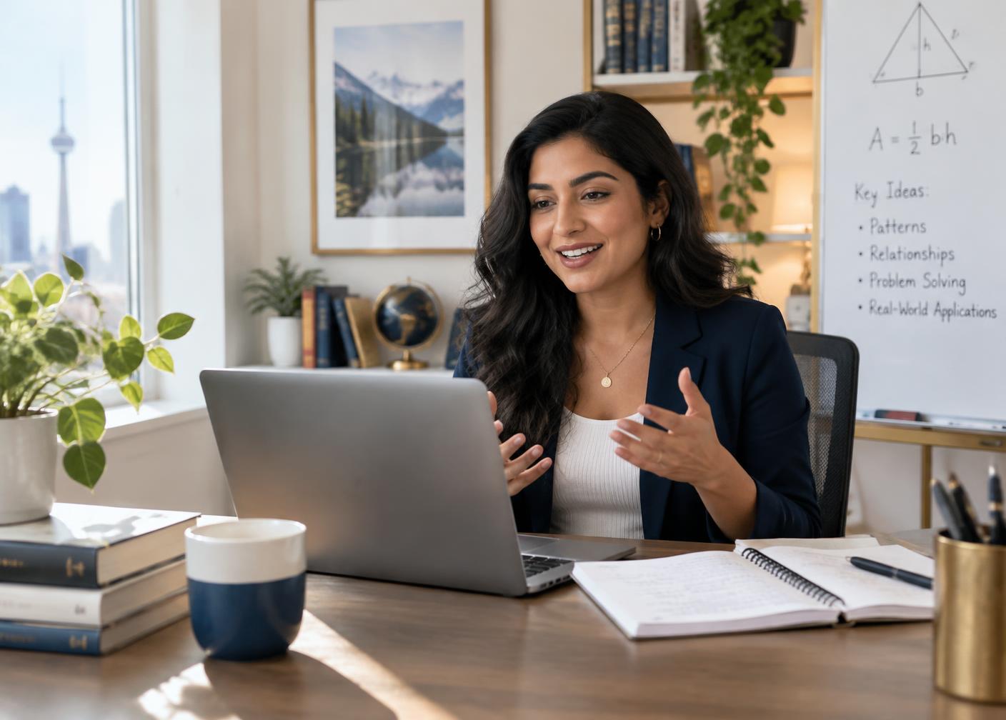 Online teacher guiding a lesson from a bright workspace
